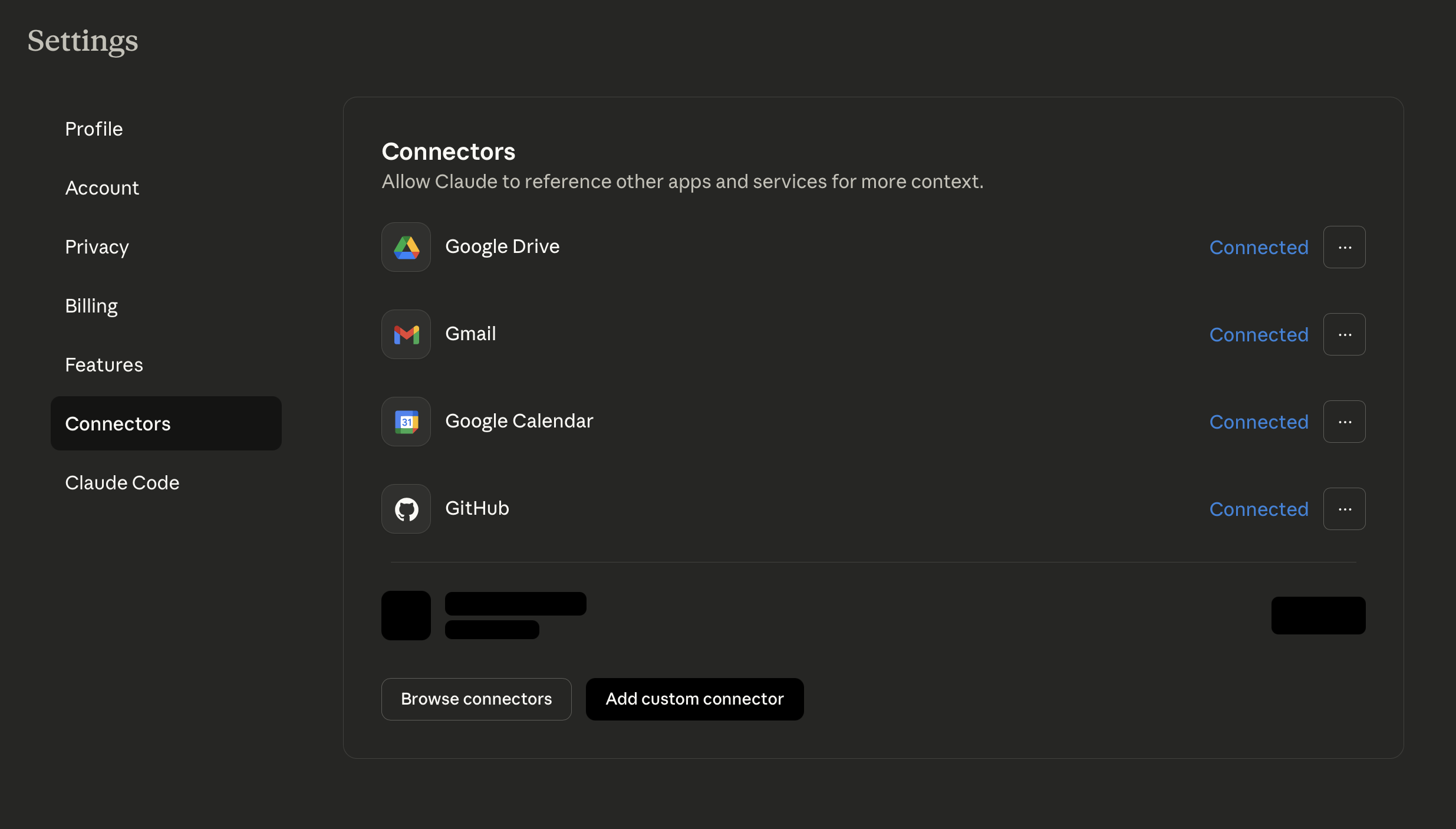 Claude Connectors Settings